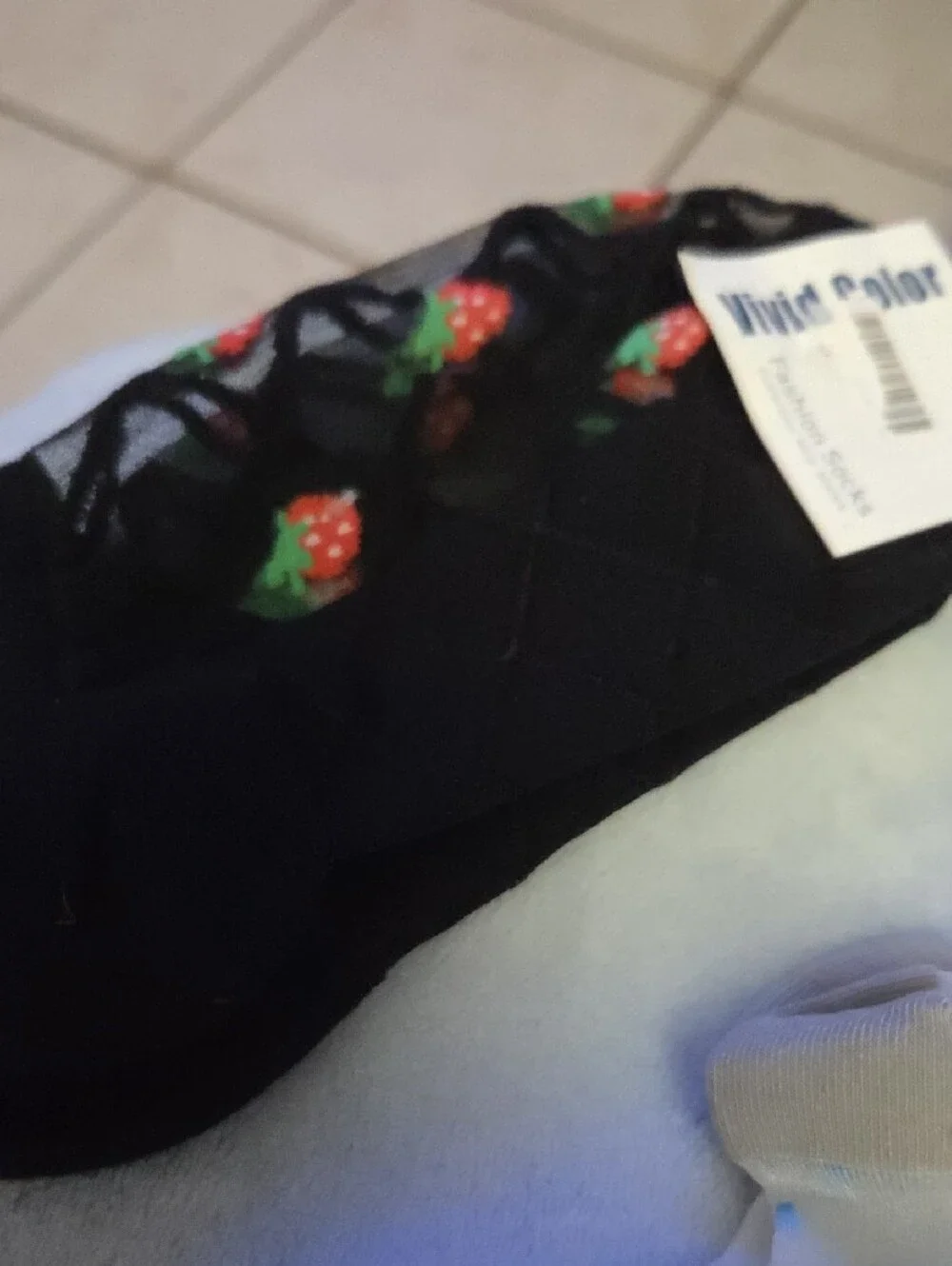 Cotton Polka Dot Sheer Socks - Gray Trim And Blaxk With Strawberrys NWOT